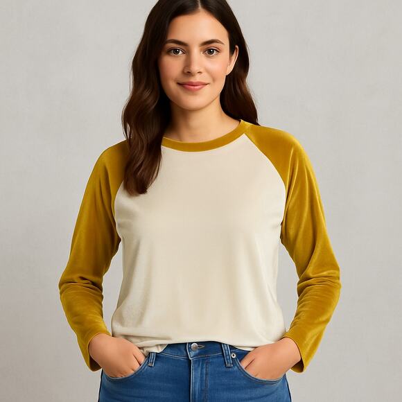 Madewell Velvet Pull-over Crewneck Baseball Tee – White/Gold – Size S - Picture 4 of 7